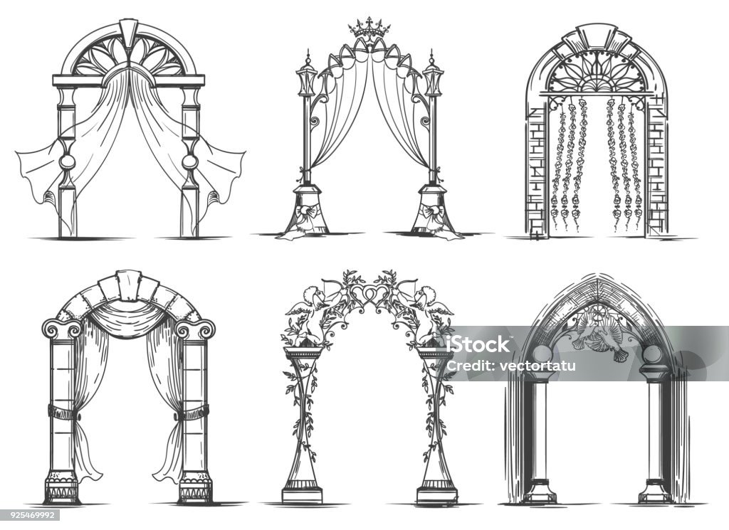 Wedding arches sketch set Wedding arches sketch. Vintage ink doodle arch entrance set for marriage ceremony vector illustration Arch - Architectural Feature stock vector