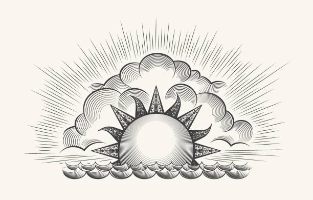 Vintage engraved sun with waves Sunrise engraving illustration. Vintage engraved sky vector with waves texture and rising sun etching on white background fixture draw stock illustrations