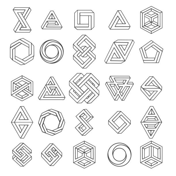 Graphic impossible shapes Graphic impossible shapes. Circle, square and triangle symbols with escher paradox impossible geometry geometric graphic, vector illustration crazy logo stock illustrations