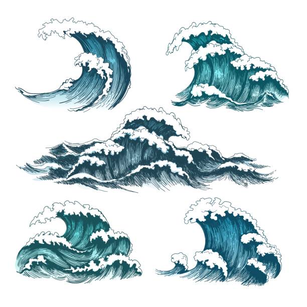 vintage cartoon meereswellen - surfing beach surf wave stock-grafiken, -clipart, -cartoons und -symbole
