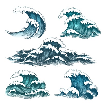 Sea waves. Vintage cartoon ocean tidal storm waves isolated on white background for surfing and seascape, vector illustration