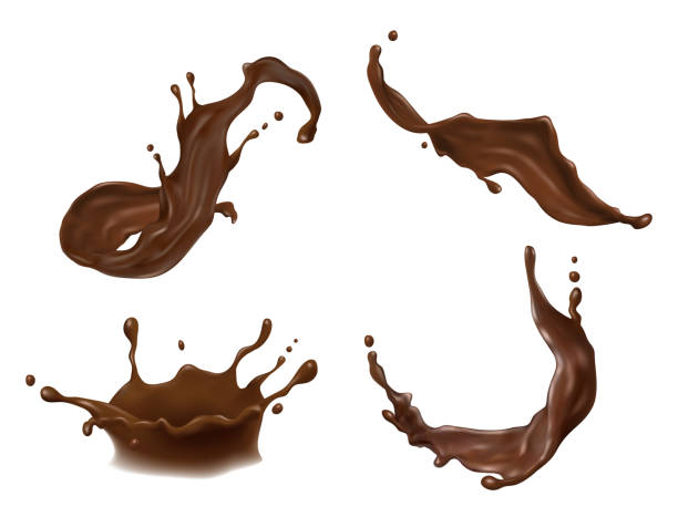 ilustraciones, imágenes clip art, dibujos animados e iconos de stock de ilustración de vector de chocolate caliente, café o cacao splash con gotas, gotas, manchas aisladas sobre fondo blanco. - chocolate