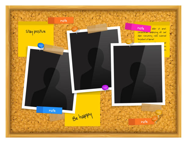 ilustrações de stock, clip art, desenhos animados e ícones de cork notice board with photo frames, sticky notes, push pins and scotch tape. vector. - bulletin board backgrounds thumbtack cork