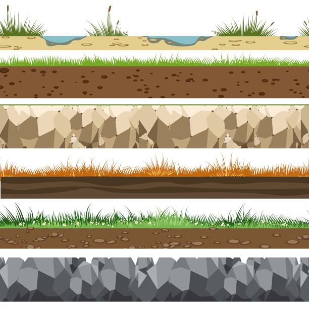 Soil horizontal patterns Soil horizontal patterns. Underground of land layers with rocks, limestone and grass gaming background vector illustration digital composite stock illustrations