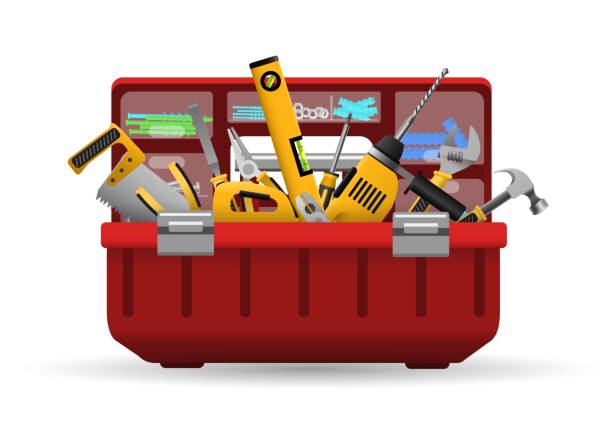 ilustraciones, imágenes clip art, dibujos animados e iconos de stock de caja de herramientas instrumento con kit de herramientas - tool box