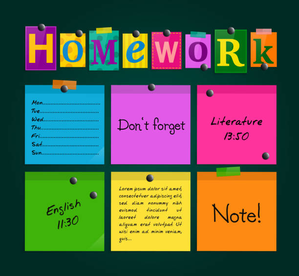 Text Homework and colorful sticky paper attached to a blackboard with magnets. Vector. vector art illustration