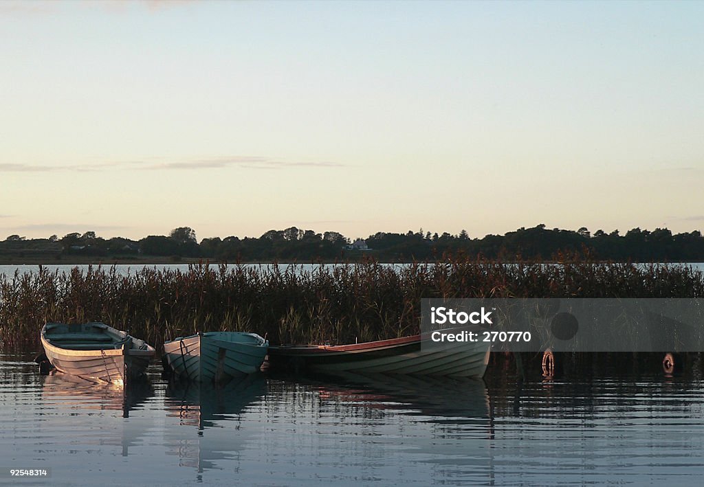 Irish lago con madera de remo tres embarcaciones en puesta de sol - Foto de stock de Actividades recreativas libre de derechos