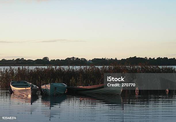 Irish Lago Con Madera De Remo Tres Embarcaciones En Puesta De Sol Foto de stock y más banco de imágenes de Actividades recreativas