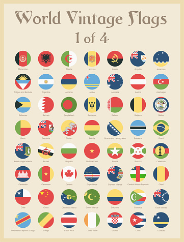 All World Round Vintage Colored Flags - Vector Illustration