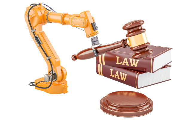 bras robotisé avec marteau en bois, 3d rendering isolé sur fond blanc - court legal system justice gavel photos et images de collection