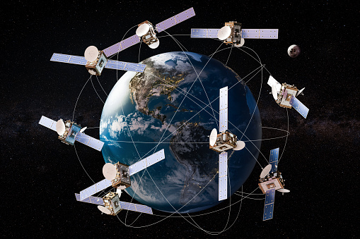 Space satellites in orbits around the Earth Globe, 3D rendering. The source of the map - https://svs.gsfc.nasa.gov/3615