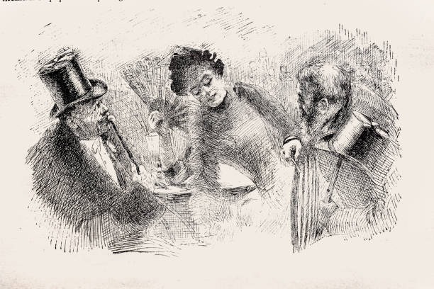 Engraving Woman flirting with old men Engraving from 1889 in french magazine le voleur illustre drawing of the man seducing woman stock illustrations
