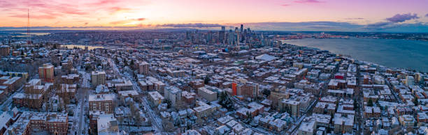 Seattle Washington Skyline Colorful Skies Aerial View Panoramic Snowy Winter Morning Sunrise Dawn Seattle Washington Skyline Colorful Skies Aerial View Panoramic Snowy Winter Morning Sunrise Dawn puget sound aerial stock pictures, royalty-free photos & images