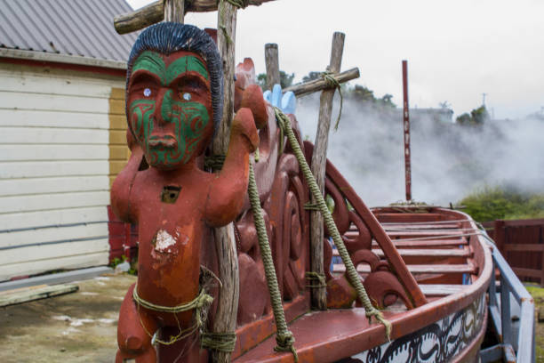 Rotorua, New Zealand- October 29, 2017: Traditional Maori wood carved canoe in Maori village