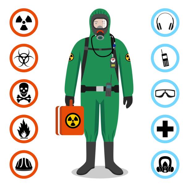 산업 개념입니다. 녹색 보호 소송에서 노동자의 상세한 그림입니다. 안전 및 건강 벡터 아이콘 표시의 집합: 화학, 방사성, 위험, 독성, 독성, 유해 물질. - radiation protection suit biology danger biochemical warfare stock illustrations