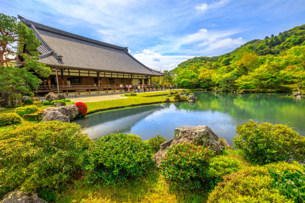 Sogen Pond Garden Kyoto, Japan - April 27, 2017: Hojo Hall and picturesque Sogen Garden or Sogenchi Teien with a circular promenade centered around Sogen-chi Pond in Tenryu-ji Zen Temple in Arashiyama. Springtime. rinzai zen buddhism stock pictures, royalty-free photos & images