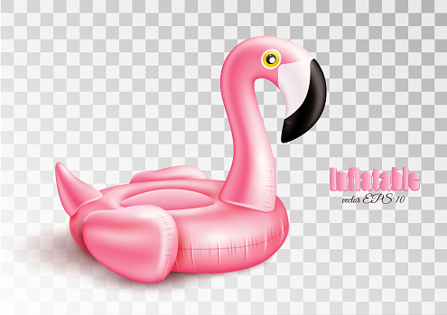 Vector realistic 3d pink flamingo, tropical bird shape inflatable swimming pool ring, tube, float. Summer vacation holiday rubber object, traveling, beach ocean. Illustration transparent background