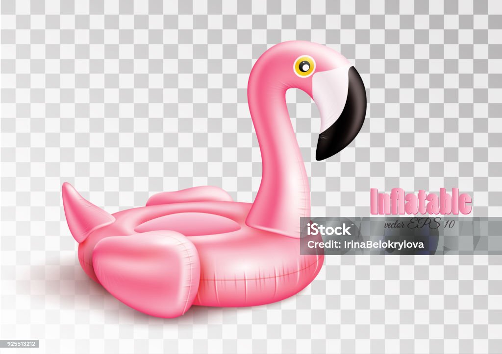 Vector 3d pink flamingo inflatable pool ring Vector realistic 3d pink flamingo, tropical bird shape inflatable swimming pool ring, tube, float. Summer vacation holiday rubber object, traveling, beach ocean. Illustration transparent background Flamingo stock vector