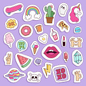 istock Girl fashion symbols vector stickers patches cute colorful badges fun cartoon icons pony, horn horse, lips, love and kiss design doodle element trendy girl modern hipster icons print illustration 925517394