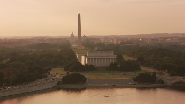 Aerial view of the Lincoln Memorial, Washington Monument and Capitol Building at sunrise.