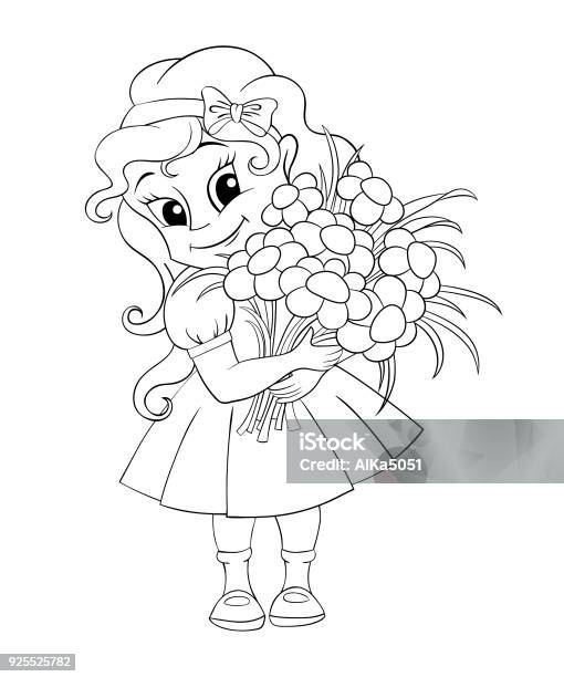 Cute Little Girl With Bouquet Black And White Vector Illustration For Coloring Boo Stock Illustration - Download Image Now