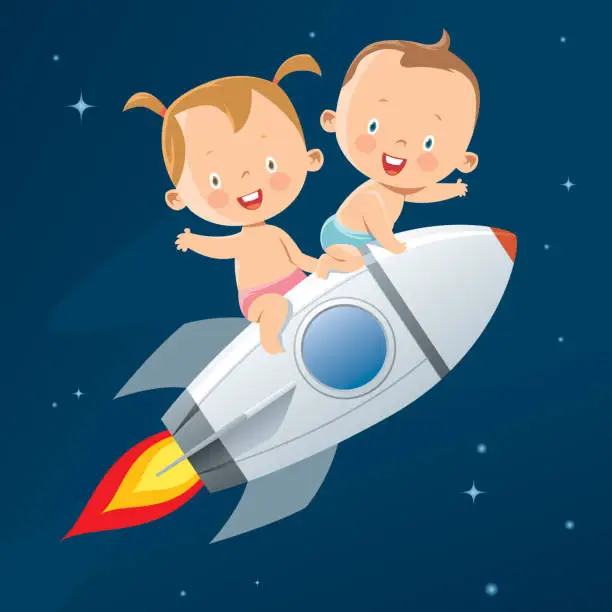 Vector illustration of Little boy and girl travel by spaceship