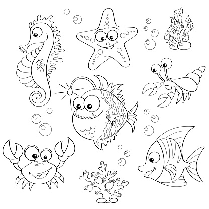 Set Of Cute Cartoon Sea Animals Black And White Vector Illustration For  Coloring Book Stock Illustration - Download Image Now - iStock