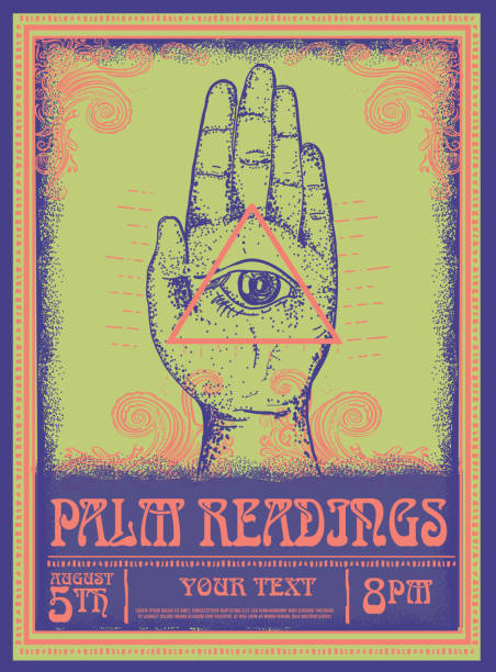 ilustrações de stock, clip art, desenhos animados e ícones de old fashioned palm readings poster design template - information medium illustrations