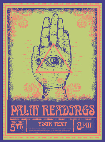 Old fashioned Palm Readings Poster design template, with hand and eye