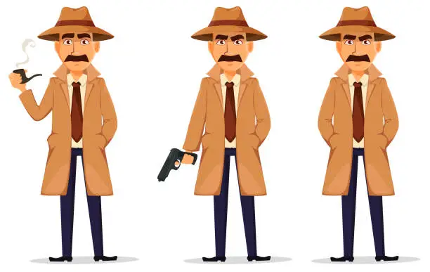 Vector illustration of Detective in hat and coat. Handsome character