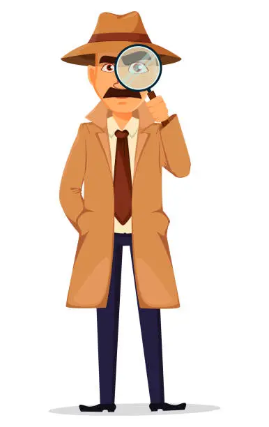 Vector illustration of Detective in hat and coat. Handsome character