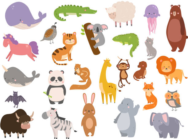 ilustrações de stock, clip art, desenhos animados e ícones de cute zoo cartoon animals isolated funny wildlife learn cute language and tropical nature safari mammal jungle tall characters vector illustration - animal cartoon zoo safari