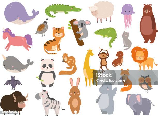 Cute Zoo Cartoon Animals Isolated Funny Wildlife Learn Cute Language And Tropical Nature Safari Mammal Jungle Tall Characters Vector Illustration Stock Illustration - Download Image Now