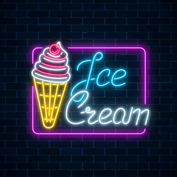 Glowing neon sign of ice cream with cherry on dark brick wall background. Fruit ice-cream in waffle cone. Glowing neon sign of ice cream with cherry on dark brick wall background. Fruit ice-cream in waffle cone. City neon advertising street sign. Vector illustration. neon sign ice cream stock illustrations