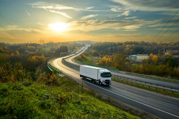 camión blanco en la autopista a través de bosques paisaje en colores del otoño al atardecer - freight transportation driving truck highway fotografías e imágenes de stock