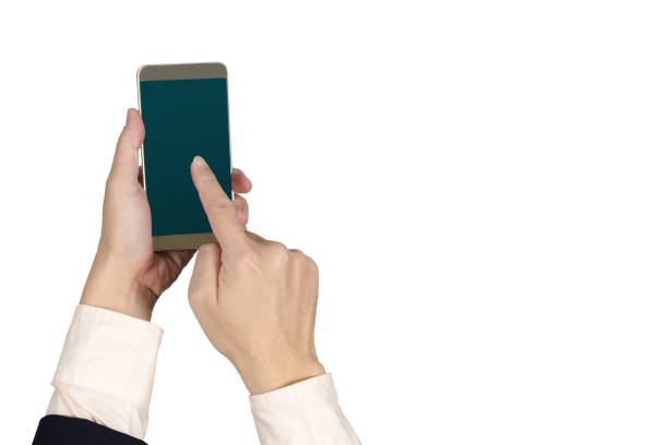 istock Businessman hand holding using smart phone, touching screen by finger, isolated on white background with clipping path. 925554994