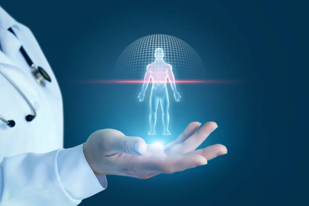 Doctor shows the process of scanning a patient . Doctor shows the process of scanning a patient on a blue background. diagnostic aid stock pictures, royalty-free photos & images