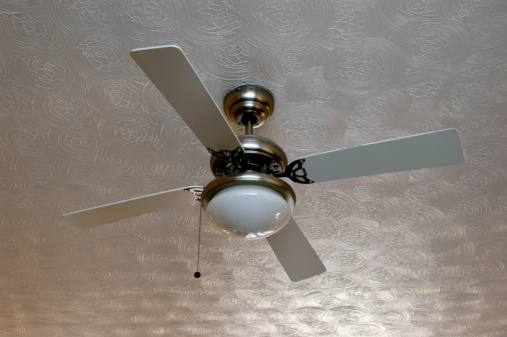 Old fashioned ceiling fan with lamps hanging on the ceiling with copy space