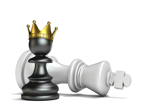 Black pawn has won white king 3D render illustration isolated on white background