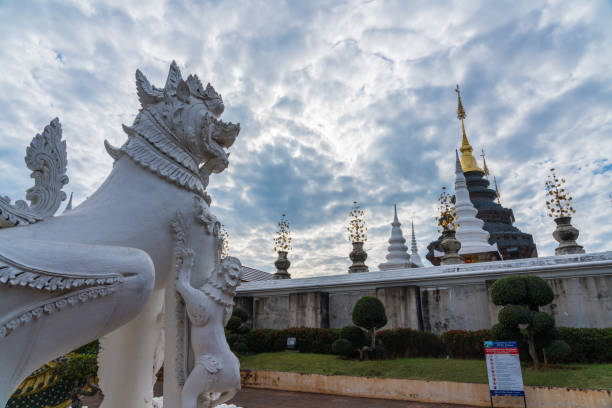 Chiangmai, Thailand _ January 26, 2018: Beautiful Grand Blue temple (Wat Ban Den) decorated with Thai literature animal sculpture in Chiangmai, Thailand
