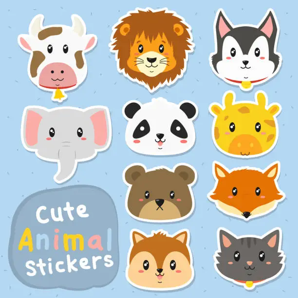 Vector illustration of Funny Animals Stickers Vector Set