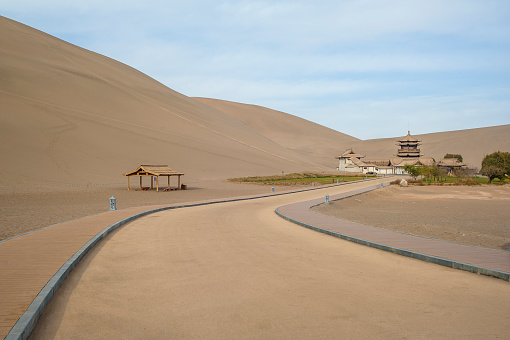 A road to the Cresent Spring and Mingyue pavilion, Dunhuang, Gansu of China