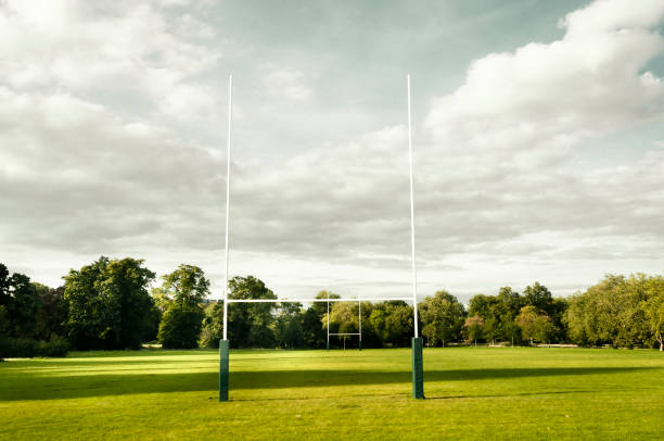 rugby goalpost en park - rugby wooden post goal post rugby post fotografías e imágenes de stock