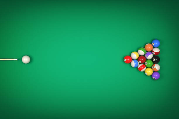 3d rendering of a cue stick ready to hit a single ball facing many other balls forming a triangle - snooker imagens e fotografias de stock