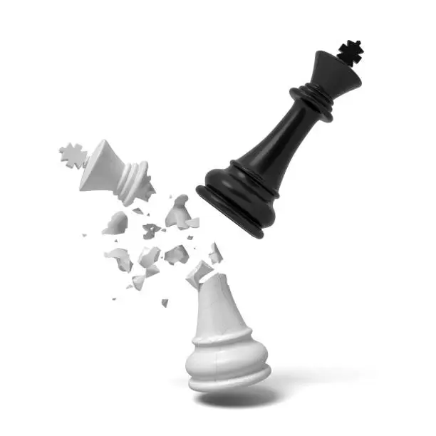 3d rendering of a black chess king breaks a white king that cracks and falls on a white background. Fight for dominance. Board games. Life strategy.