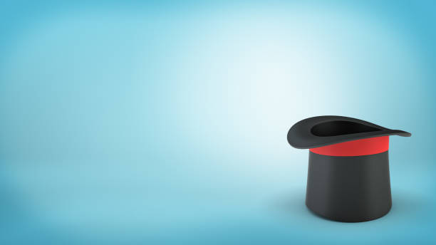 3d rendering of a single black illusionist's hat with a red ribbon stands upside down on a blue background. Art of illusion. Business tricks. Magician's tools.