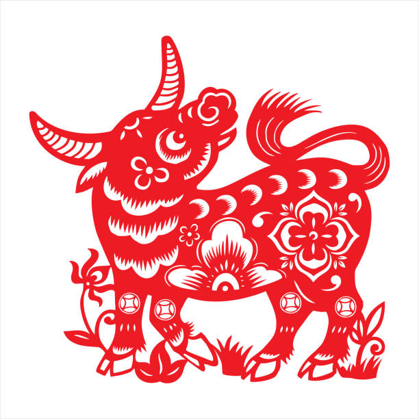Ox, chinese zodiac sign buffalo,  ox,  year of the ox, zodiac, chinese zodiac sign, paper-cut buffalo, wild cattle stock illustrations