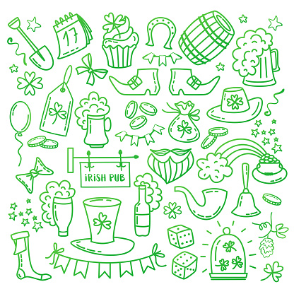 Irish Saint Patrick s Day icons and elements isolated on white background. Traditional hand drawn Irish party symbols . Doodle style vector illustration