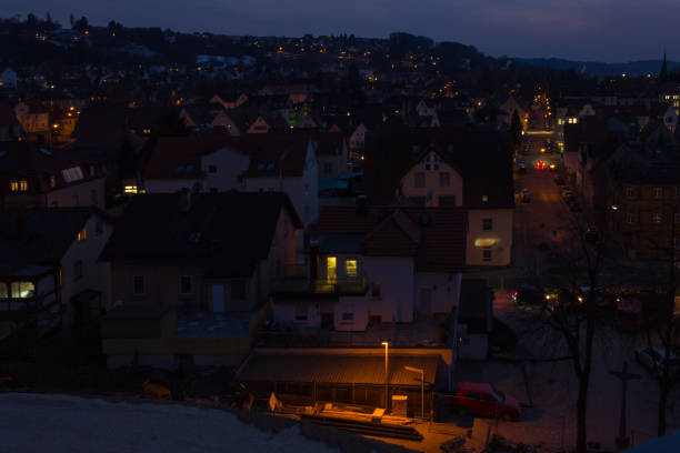 istock schwaebisch gmuend citylights at blue hour with deepblue sky 925590962