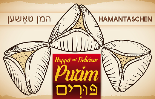 Banner in hand drawn style with delicious Hamantaschen (written in Yiddish): a traditional Jewish delicatessen for Purim (written in Hebrew) celebration.